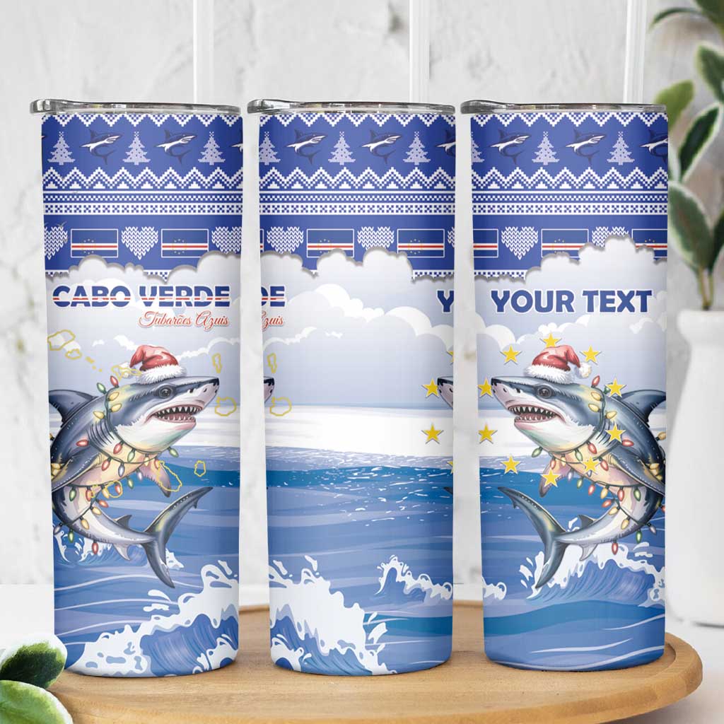 Personalized Cape Verde Football Christmas Skinny Tumbler Feliz Natal Tubaroes Azuis - Wonder Print Shop