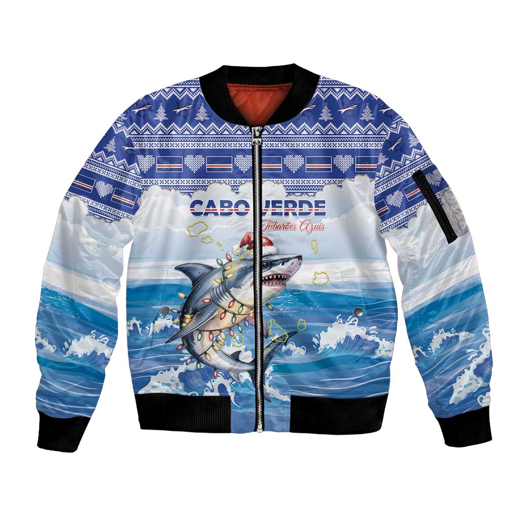 Personalized Cape Verde Football Christmas Sleeve Zip Bomber Jacket Feliz Natal Tubaroes Azuis - Wonder Print Shop