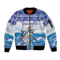 Personalized Cape Verde Football Christmas Sleeve Zip Bomber Jacket Feliz Natal Tubaroes Azuis - Wonder Print Shop