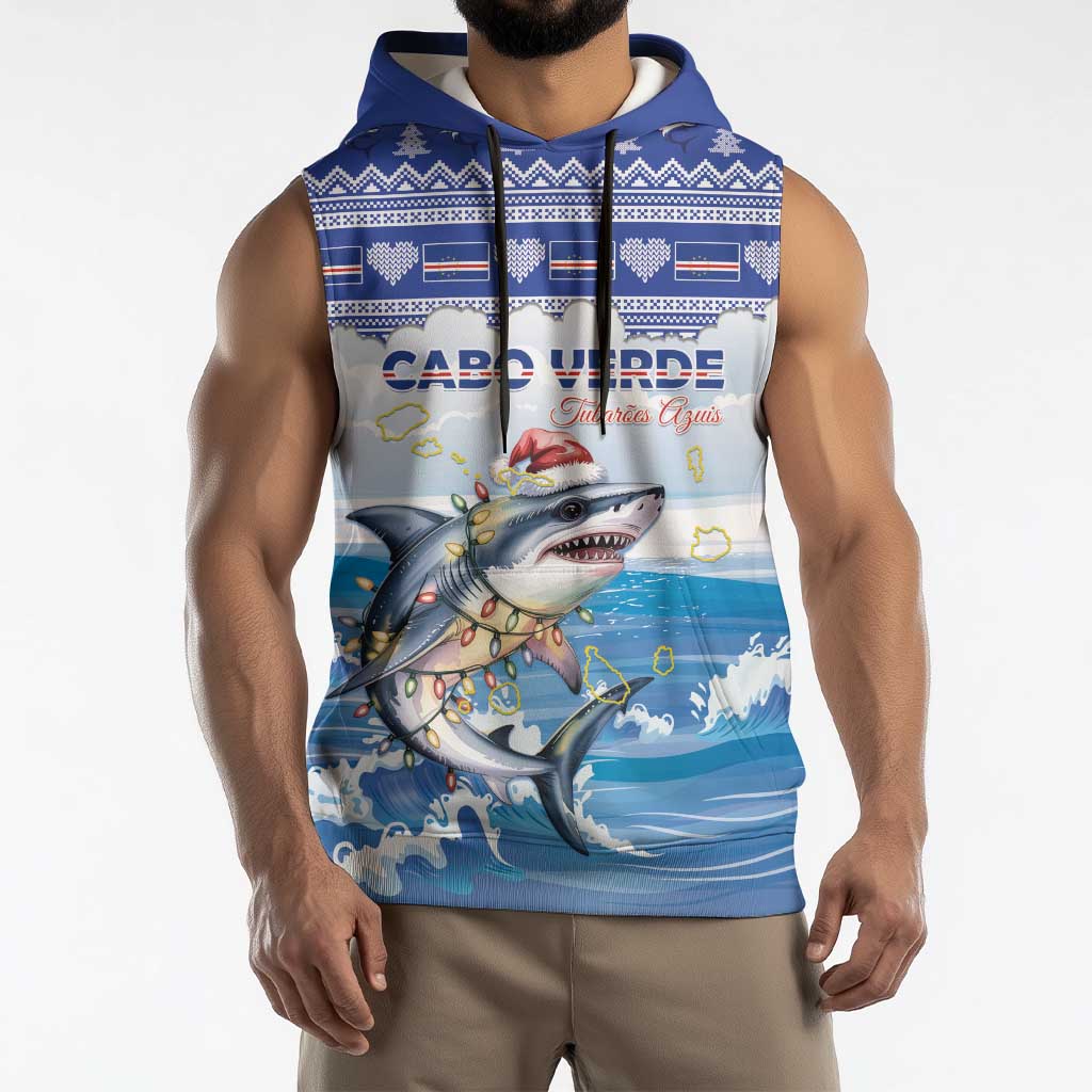 Personalized Cape Verde Football Christmas Sleeveless Hoodie Feliz Natal Tubaroes Azuis - Wonder Print Shop