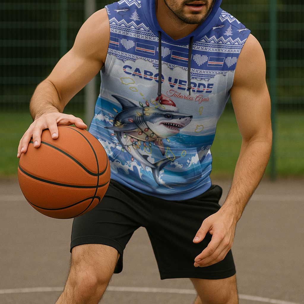 Personalized Cape Verde Football Christmas Sleeveless Hoodie Feliz Natal Tubaroes Azuis - Wonder Print Shop