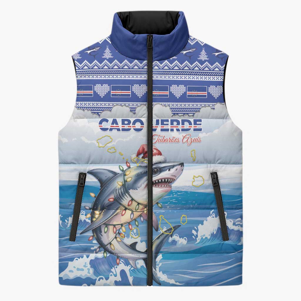 Personalized Cape Verde Football Christmas Sleeveless Puffer Jacket Feliz Natal Tubaroes Azuis - Wonder Print Shop