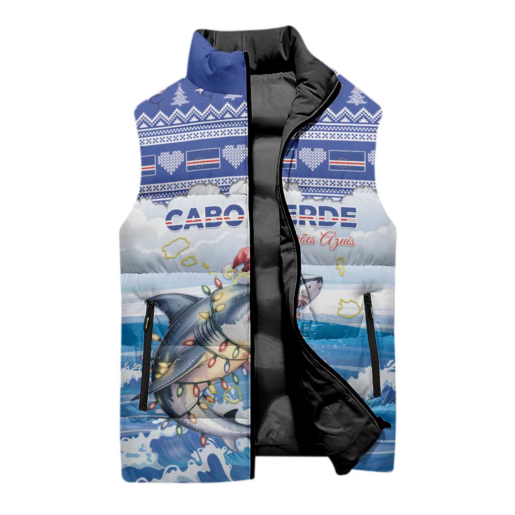 Personalized Cape Verde Football Christmas Sleeveless Puffer Jacket Feliz Natal Tubaroes Azuis - Wonder Print Shop