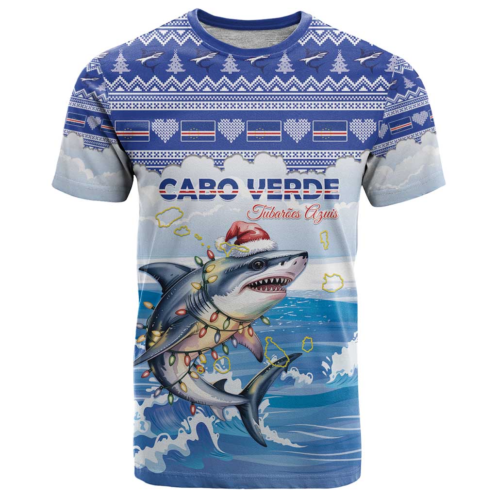 Personalized Cape Verde Football Christmas T Shirt Feliz Natal Tubaroes Azuis - Wonder Print Shop