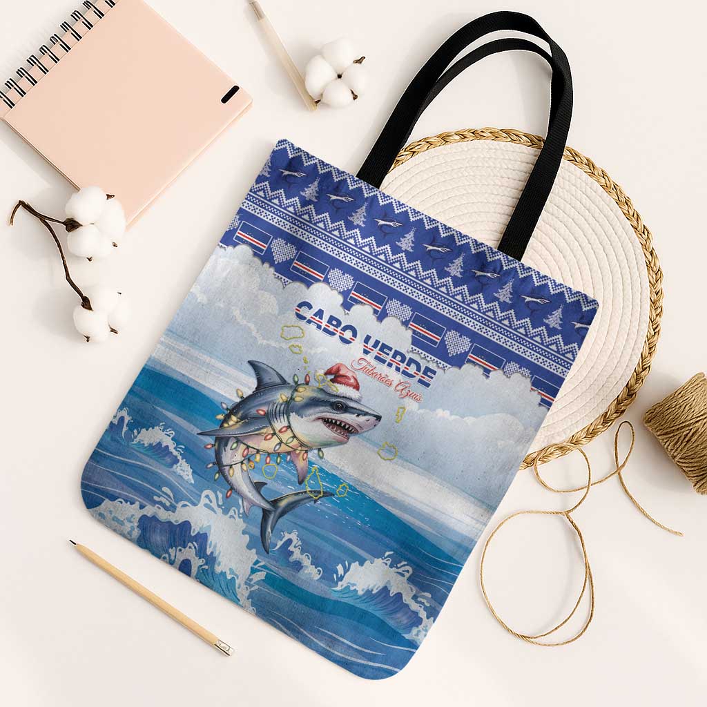 Cape Verde Football Christmas Tote Bag Feliz Natal Tubaroes Azuis - Wonder Print Shop