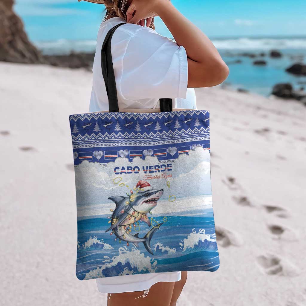Cape Verde Football Christmas Tote Bag Feliz Natal Tubaroes Azuis - Wonder Print Shop