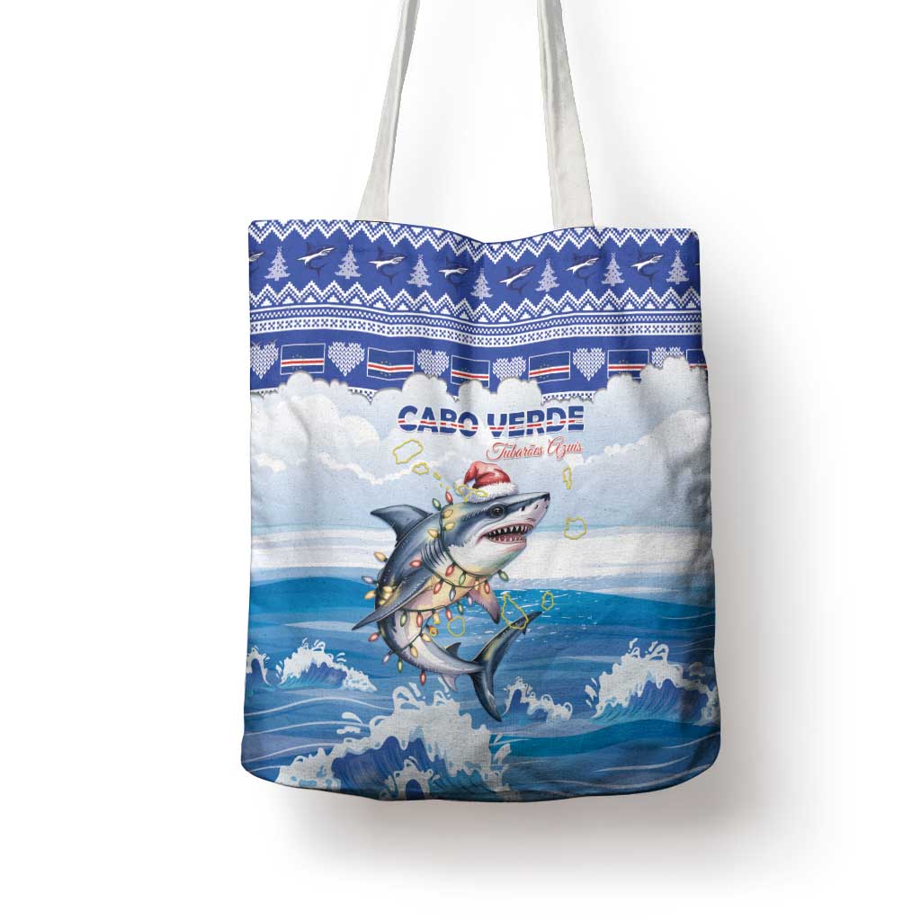 Cape Verde Football Christmas Tote Bag Feliz Natal Tubaroes Azuis - Wonder Print Shop