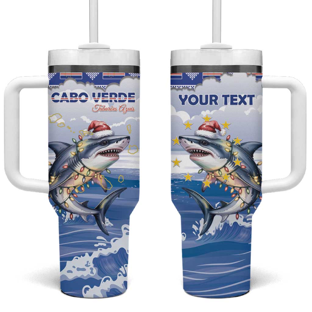 Personalized Cape Verde Football Christmas Tumbler With Handle Feliz Natal Tubaroes Azuis - Wonder Print Shop