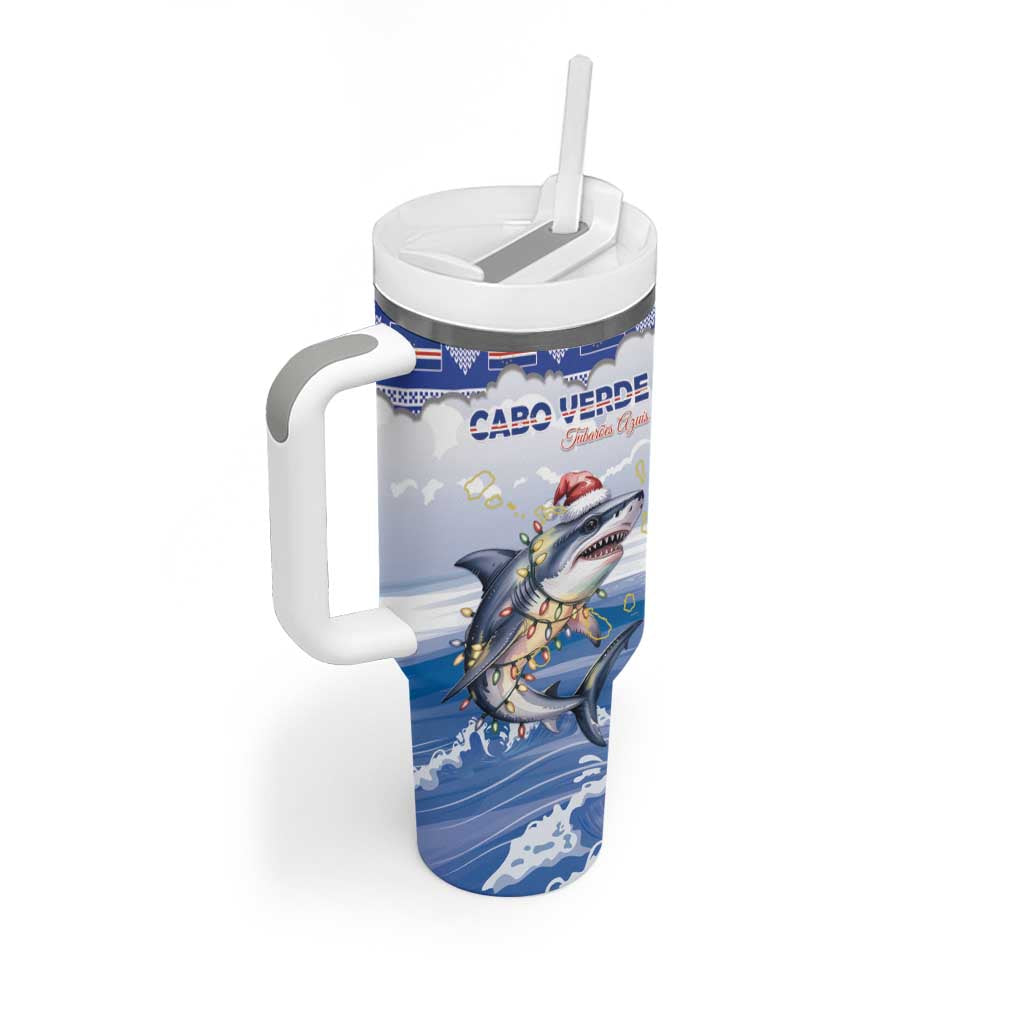 Personalized Cape Verde Football Christmas Tumbler With Handle Feliz Natal Tubaroes Azuis - Wonder Print Shop