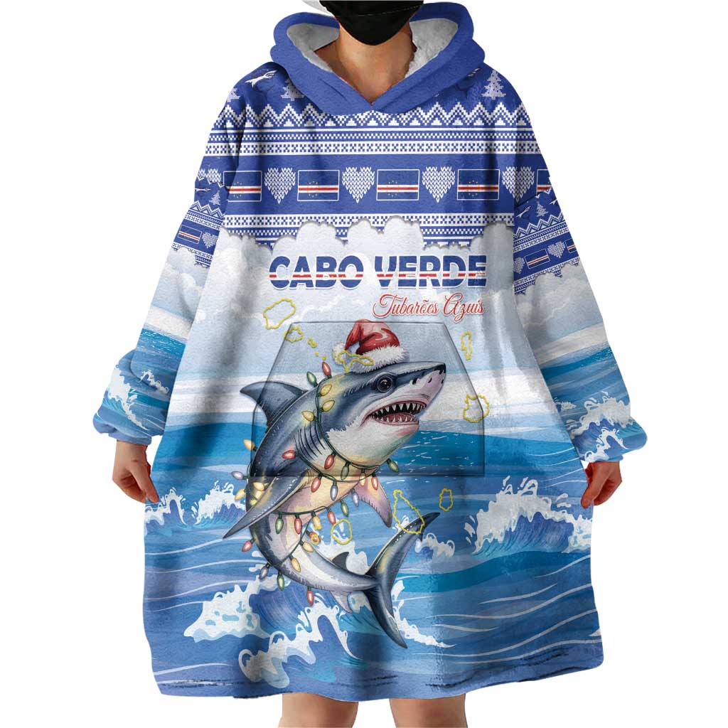 Personalized Cape Verde Football Christmas Wearable Blanket Hoodie Feliz Natal Tubaroes Azuis - Wonder Print Shop