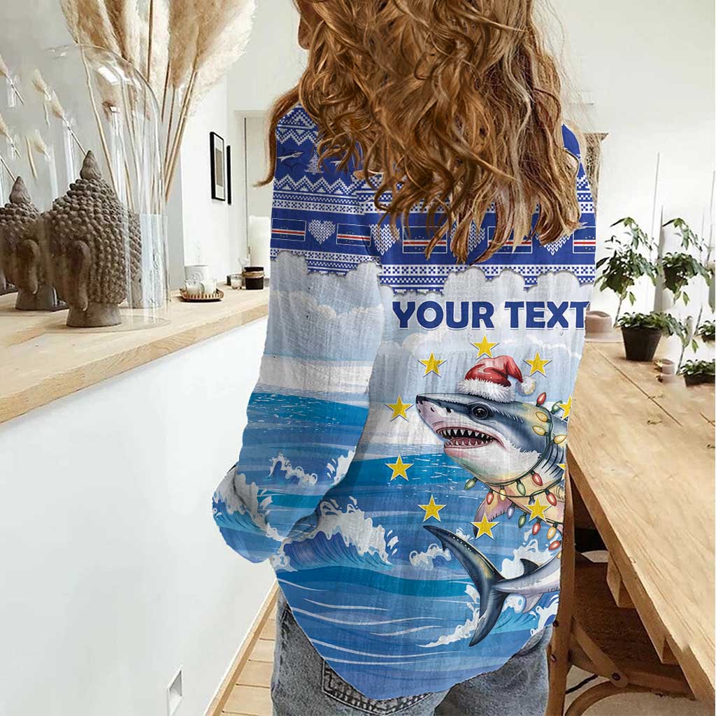 Personalized Cape Verde Football Christmas Women Casual Shirt Feliz Natal Tubaroes Azuis - Wonder Print Shop