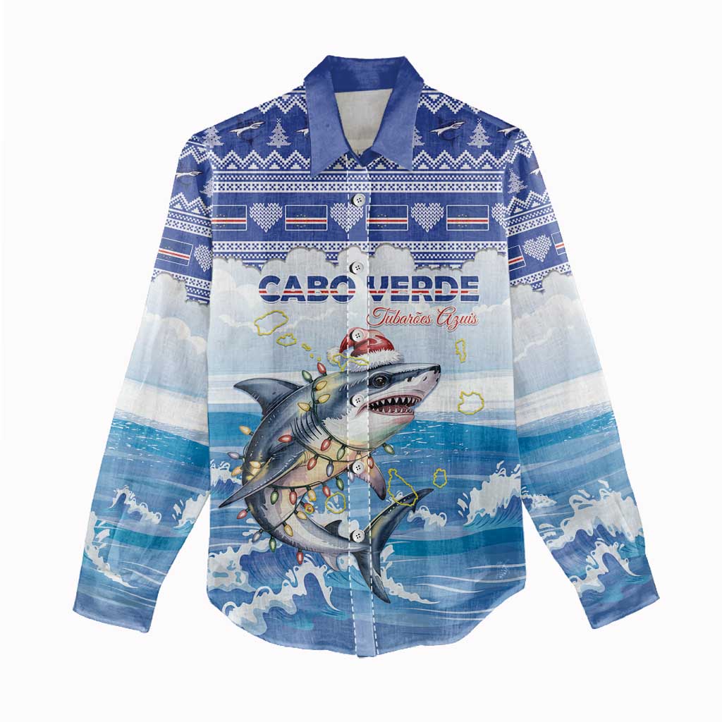 Personalized Cape Verde Football Christmas Women Casual Shirt Feliz Natal Tubaroes Azuis - Wonder Print Shop