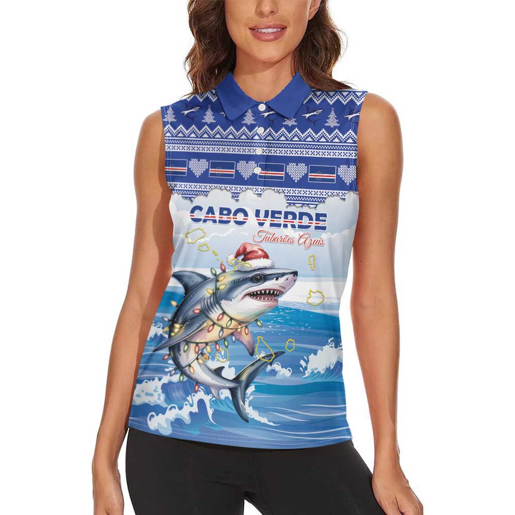 Personalized Cape Verde Football Christmas Women Sleeveless Polo Shirt Feliz Natal Tubaroes Azuis - Wonder Print Shop