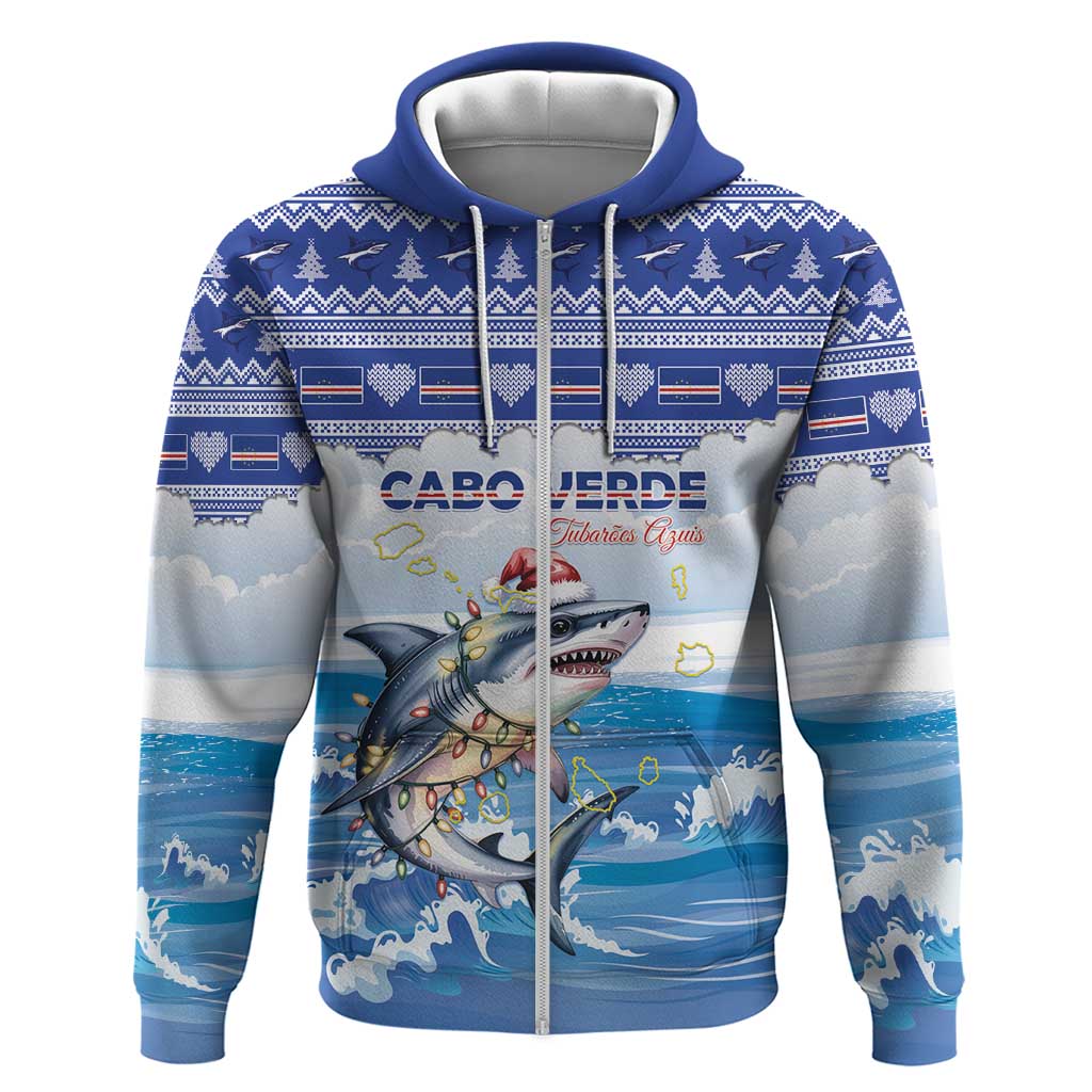 Personalized Cape Verde Football Christmas Zip Hoodie Feliz Natal Tubaroes Azuis - Wonder Print Shop