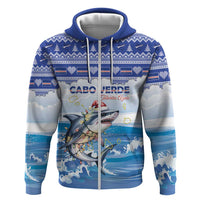 Personalized Cape Verde Football Christmas Zip Hoodie Feliz Natal Tubaroes Azuis - Wonder Print Shop