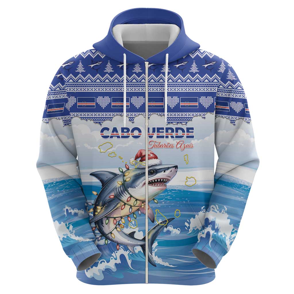 Personalized Cape Verde Football Christmas Zip Hoodie Feliz Natal Tubaroes Azuis - Wonder Print Shop