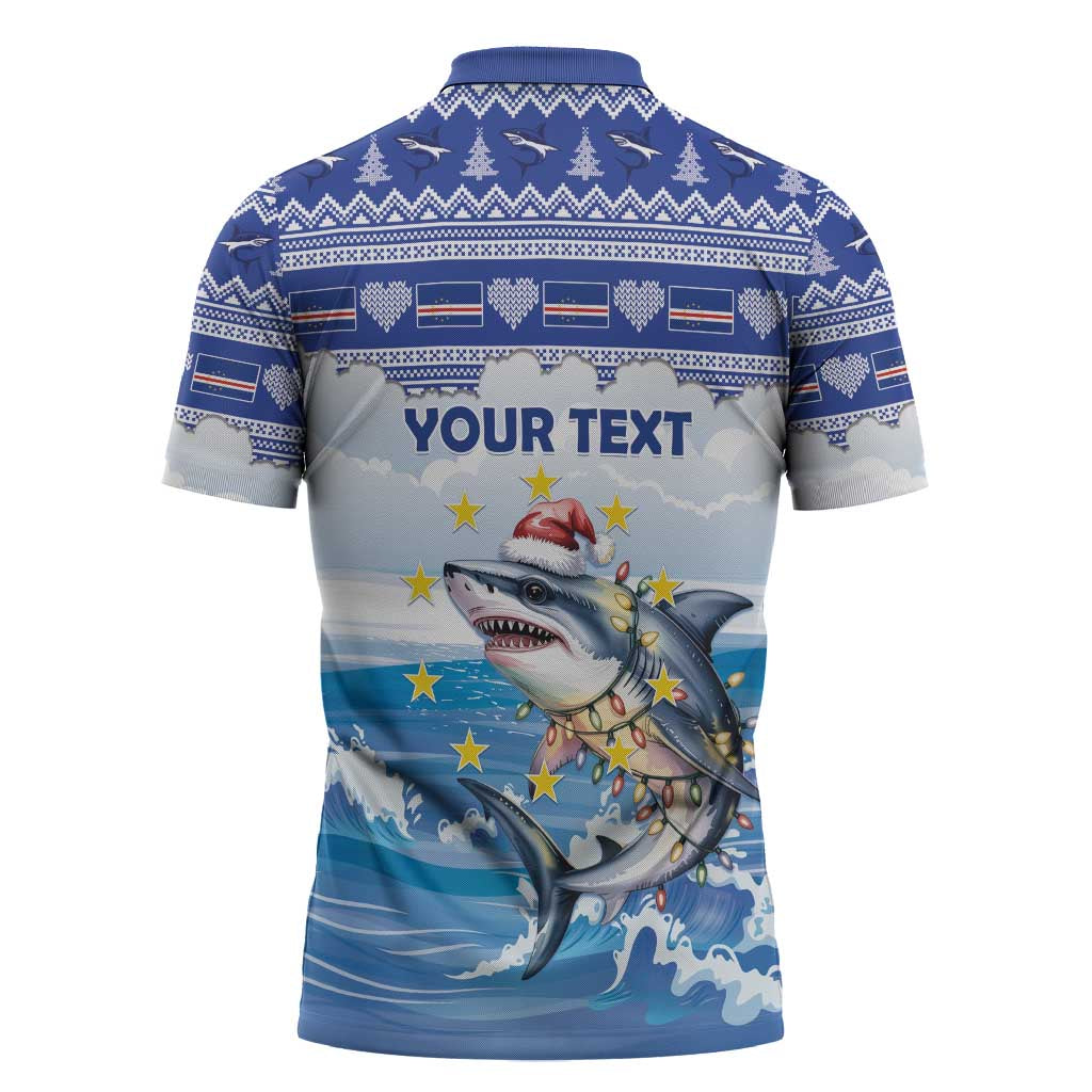 Personalized Cape Verde Football Christmas Zipper Polo Shirt Feliz Natal Tubaroes Azuis - Wonder Print Shop