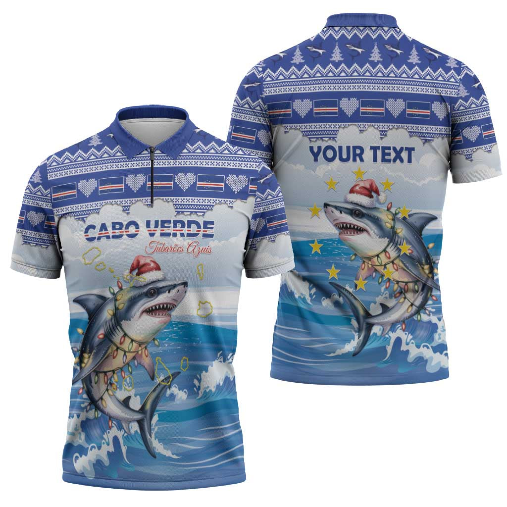 Personalized Cape Verde Football Christmas Zipper Polo Shirt Feliz Natal Tubaroes Azuis - Wonder Print Shop