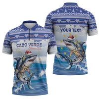 Personalized Cape Verde Football Christmas Zipper Polo Shirt Feliz Natal Tubaroes Azuis - Wonder Print Shop