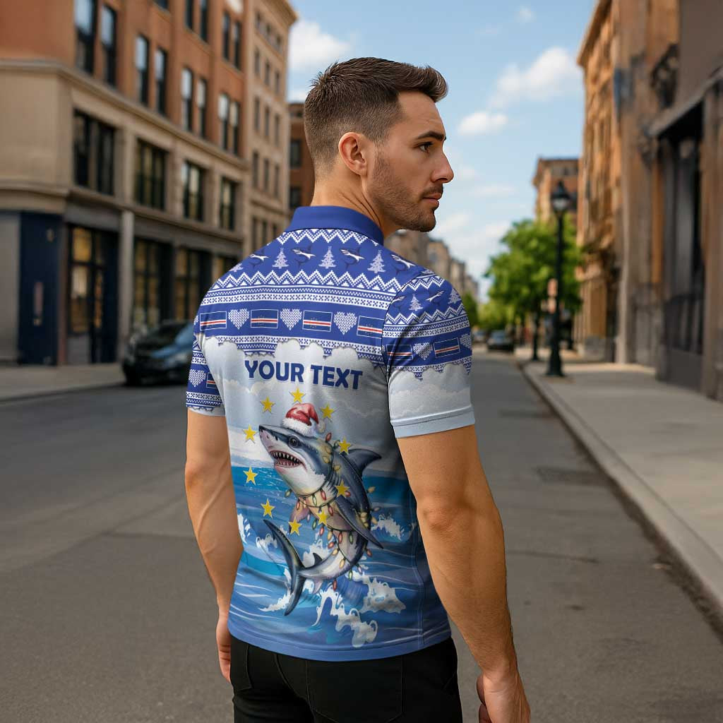 Personalized Cape Verde Football Christmas Zipper Polo Shirt Feliz Natal Tubaroes Azuis - Wonder Print Shop