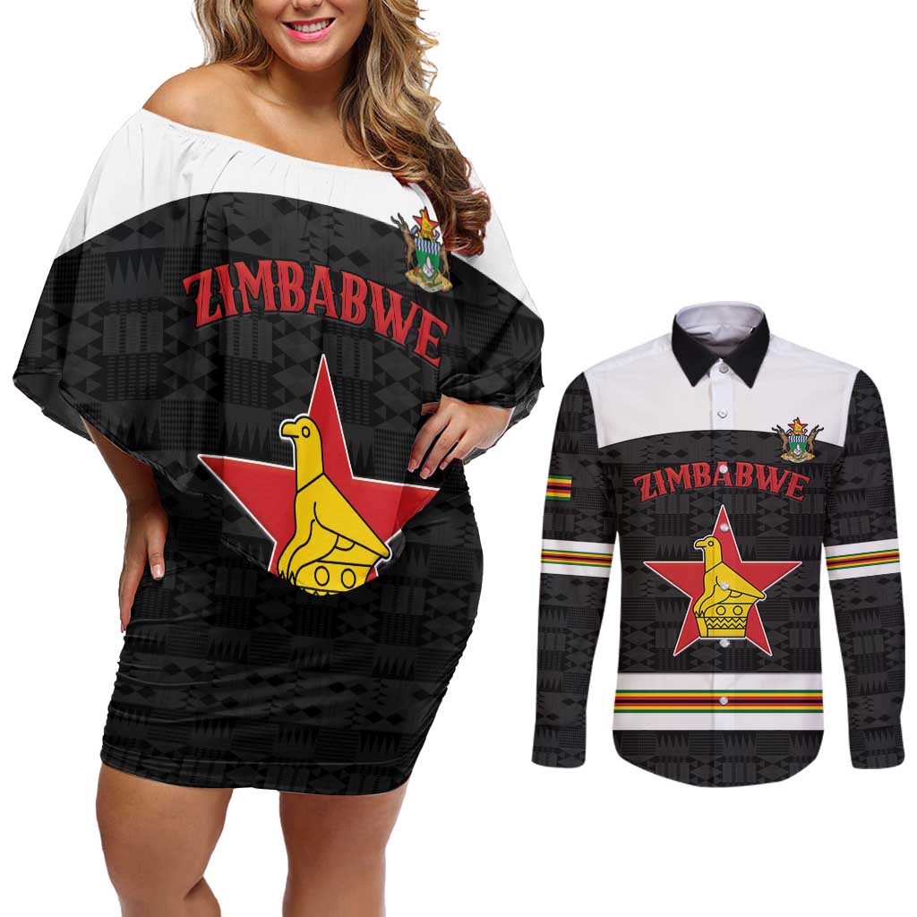 Custom Hockey Zimbabwe Couples Matching Off Shoulder Short Dress and Long Sleeve Button Shirt Go Champions - Wonder Print Shop