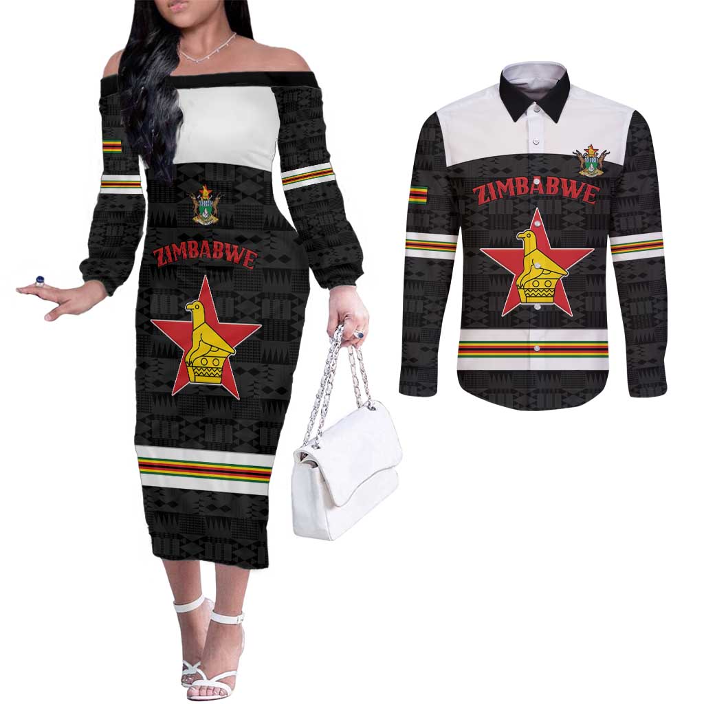 Custom Hockey Zimbabwe Couples Matching Off The Shoulder Long Sleeve Dress and Long Sleeve Button Shirt Go Champions - Wonder Print Shop