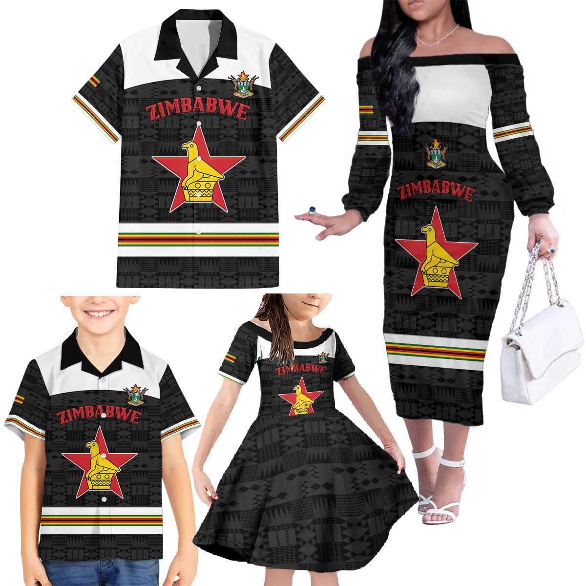 Custom Hockey Zimbabwe Family Matching Off The Shoulder Long Sleeve Dress and Hawaiian Shirt Go Champions - Wonder Print Shop