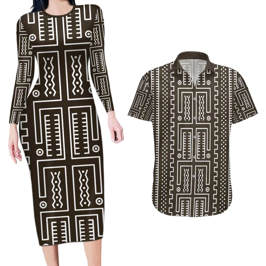 Mali Mud Cloth Couples Matching Long Sleeve Bodycon Dress and Hawaiian Shirt Bogolanfini Pattern - Wonder Print Shop