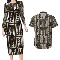 Mali Mud Cloth Couples Matching Long Sleeve Bodycon Dress and Hawaiian Shirt Bogolanfini Pattern - Wonder Print Shop