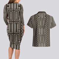 Mali Mud Cloth Couples Matching Long Sleeve Bodycon Dress and Hawaiian Shirt Bogolanfini Pattern - Wonder Print Shop