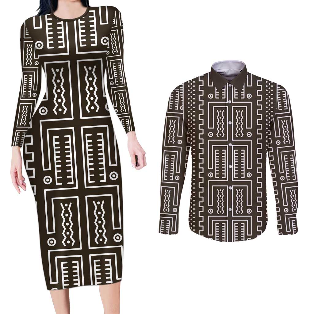 Mali Mud Cloth Couples Matching Long Sleeve Bodycon Dress and Long Sleeve Button Shirt Bogolanfini Pattern - Wonder Print Shop
