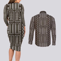 Mali Mud Cloth Couples Matching Long Sleeve Bodycon Dress and Long Sleeve Button Shirt Bogolanfini Pattern - Wonder Print Shop