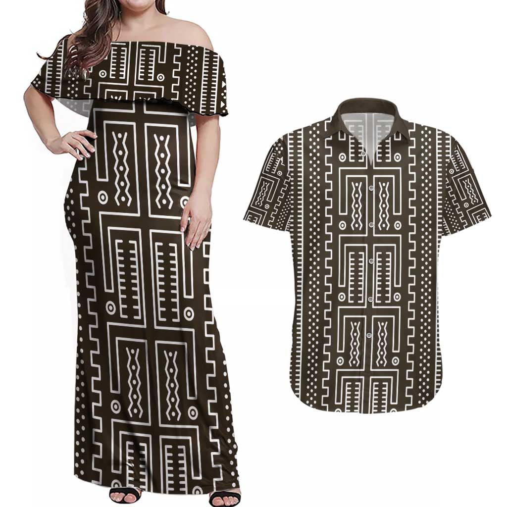 Mali Mud Cloth Couples Matching Off Shoulder Maxi Dress and Hawaiian Shirt Bogolanfini Pattern - Wonder Print Shop