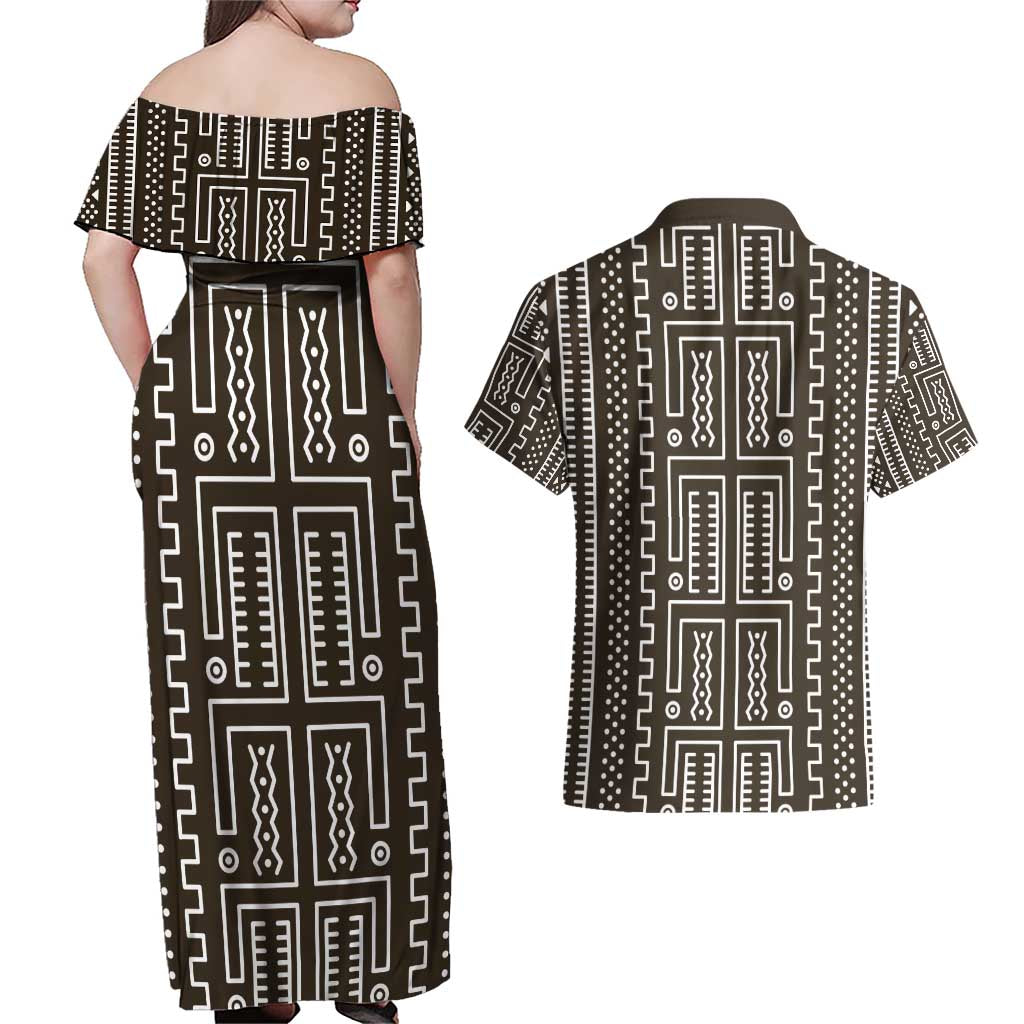 Mali Mud Cloth Couples Matching Off Shoulder Maxi Dress and Hawaiian Shirt Bogolanfini Pattern - Wonder Print Shop