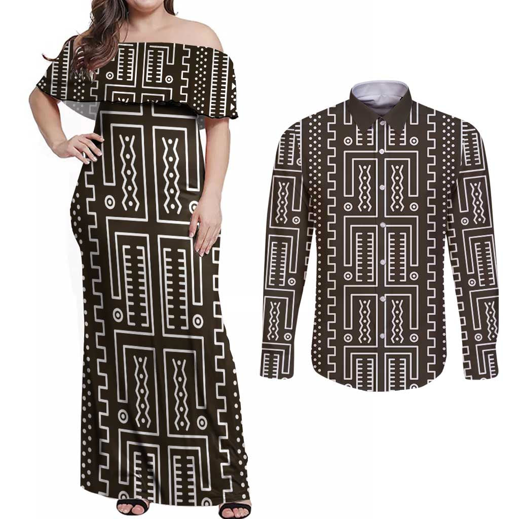 Mali Mud Cloth Couples Matching Off Shoulder Maxi Dress and Long Sleeve Button Shirt Bogolanfini Pattern - Wonder Print Shop