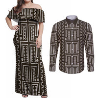 Mali Mud Cloth Couples Matching Off Shoulder Maxi Dress and Long Sleeve Button Shirt Bogolanfini Pattern - Wonder Print Shop
