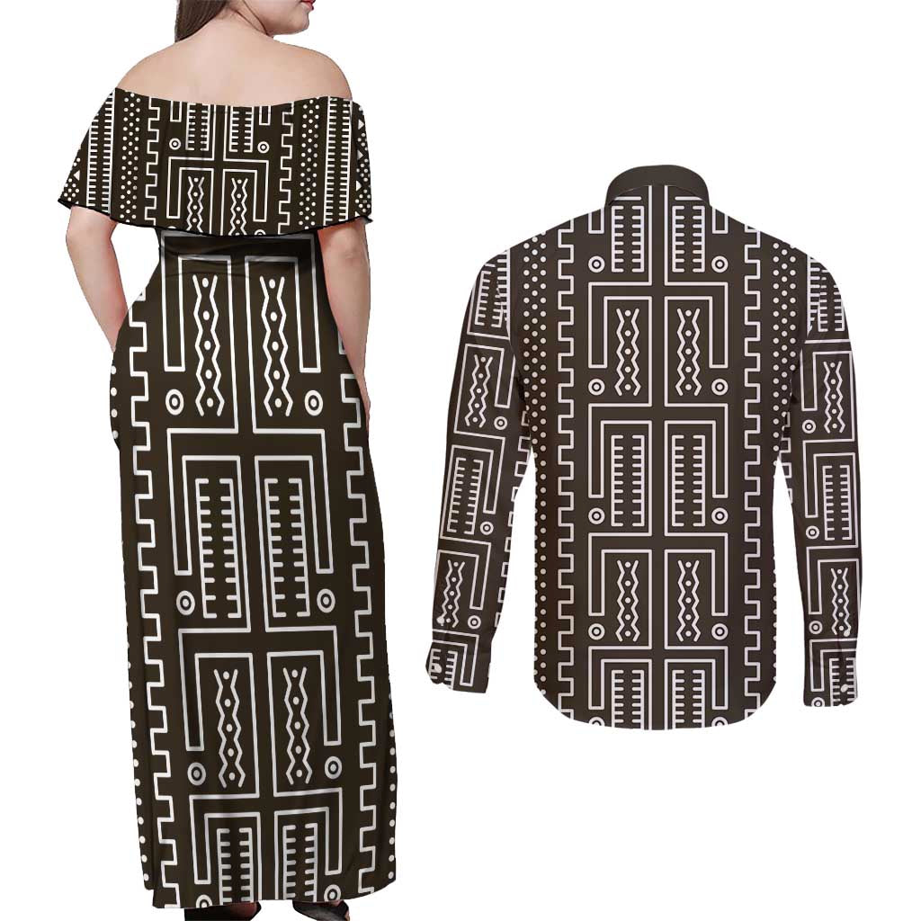 Mali Mud Cloth Couples Matching Off Shoulder Maxi Dress and Long Sleeve Button Shirt Bogolanfini Pattern - Wonder Print Shop