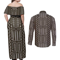 Mali Mud Cloth Couples Matching Off Shoulder Maxi Dress and Long Sleeve Button Shirt Bogolanfini Pattern - Wonder Print Shop