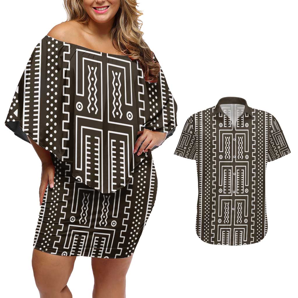 Mali Mud Cloth Couples Matching Off Shoulder Short Dress and Hawaiian Shirt Bogolanfini Pattern - Wonder Print Shop