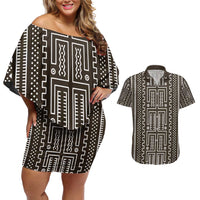 Mali Mud Cloth Couples Matching Off Shoulder Short Dress and Hawaiian Shirt Bogolanfini Pattern - Wonder Print Shop