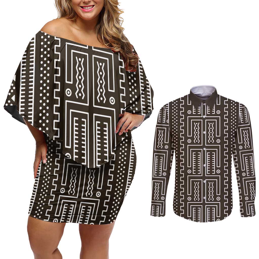 Mali Mud Cloth Couples Matching Off Shoulder Short Dress and Long Sleeve Button Shirt Bogolanfini Pattern - Wonder Print Shop
