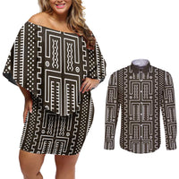 Mali Mud Cloth Couples Matching Off Shoulder Short Dress and Long Sleeve Button Shirt Bogolanfini Pattern - Wonder Print Shop