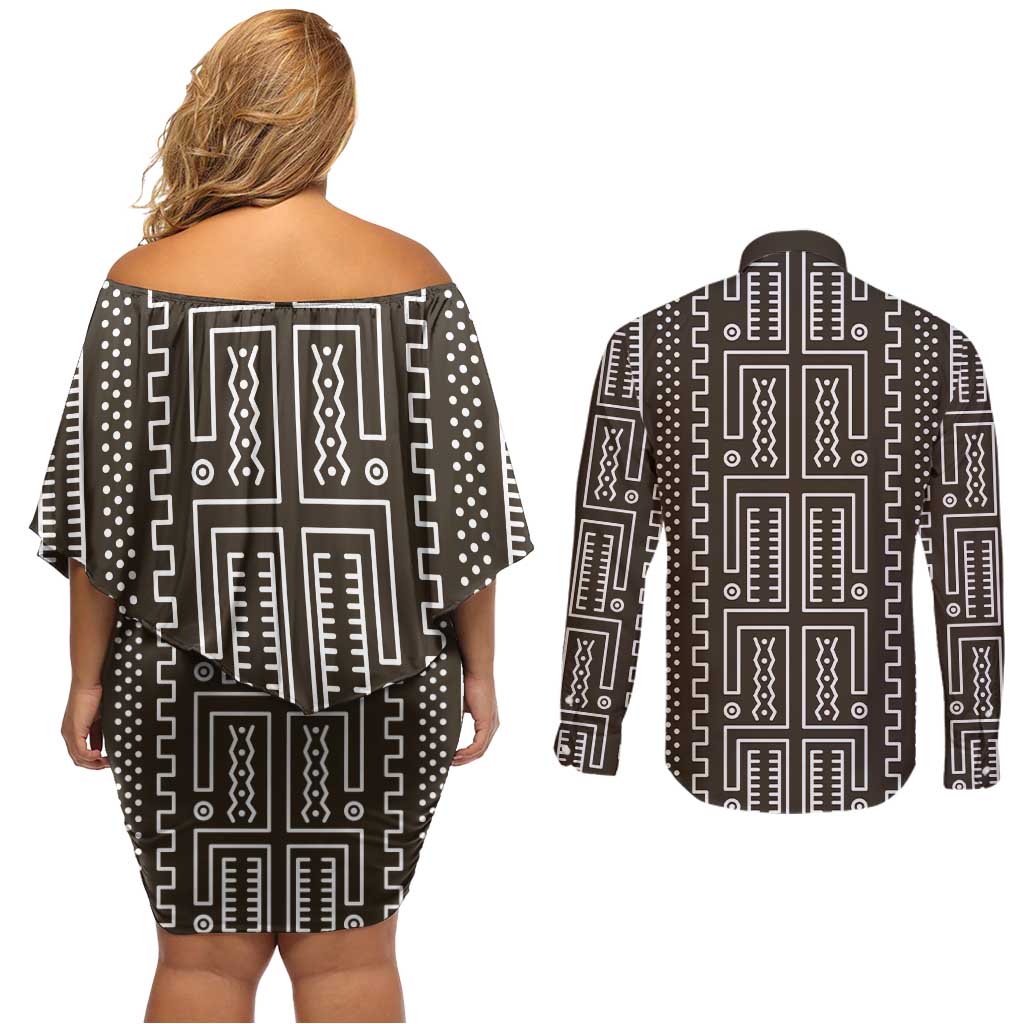 Mali Mud Cloth Couples Matching Off Shoulder Short Dress and Long Sleeve Button Shirt Bogolanfini Pattern - Wonder Print Shop