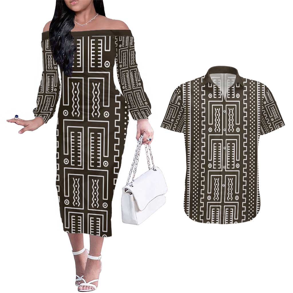Mali Mud Cloth Couples Matching Off The Shoulder Long Sleeve Dress and Hawaiian Shirt Bogolanfini Pattern - Wonder Print Shop