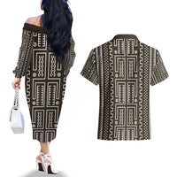 Mali Mud Cloth Couples Matching Off The Shoulder Long Sleeve Dress and Hawaiian Shirt Bogolanfini Pattern - Wonder Print Shop