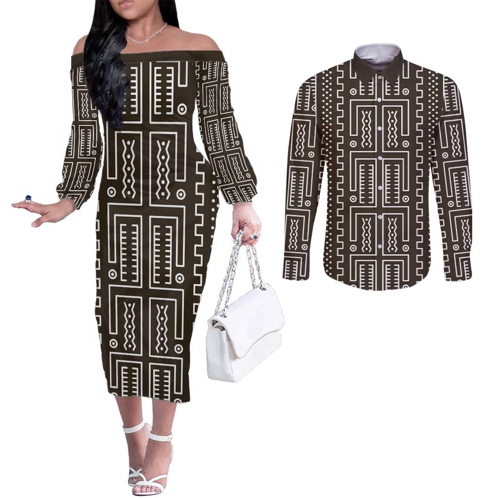 Mali Mud Cloth Couples Matching Off The Shoulder Long Sleeve Dress and Long Sleeve Button Shirt Bogolanfini Pattern - Wonder Print Shop
