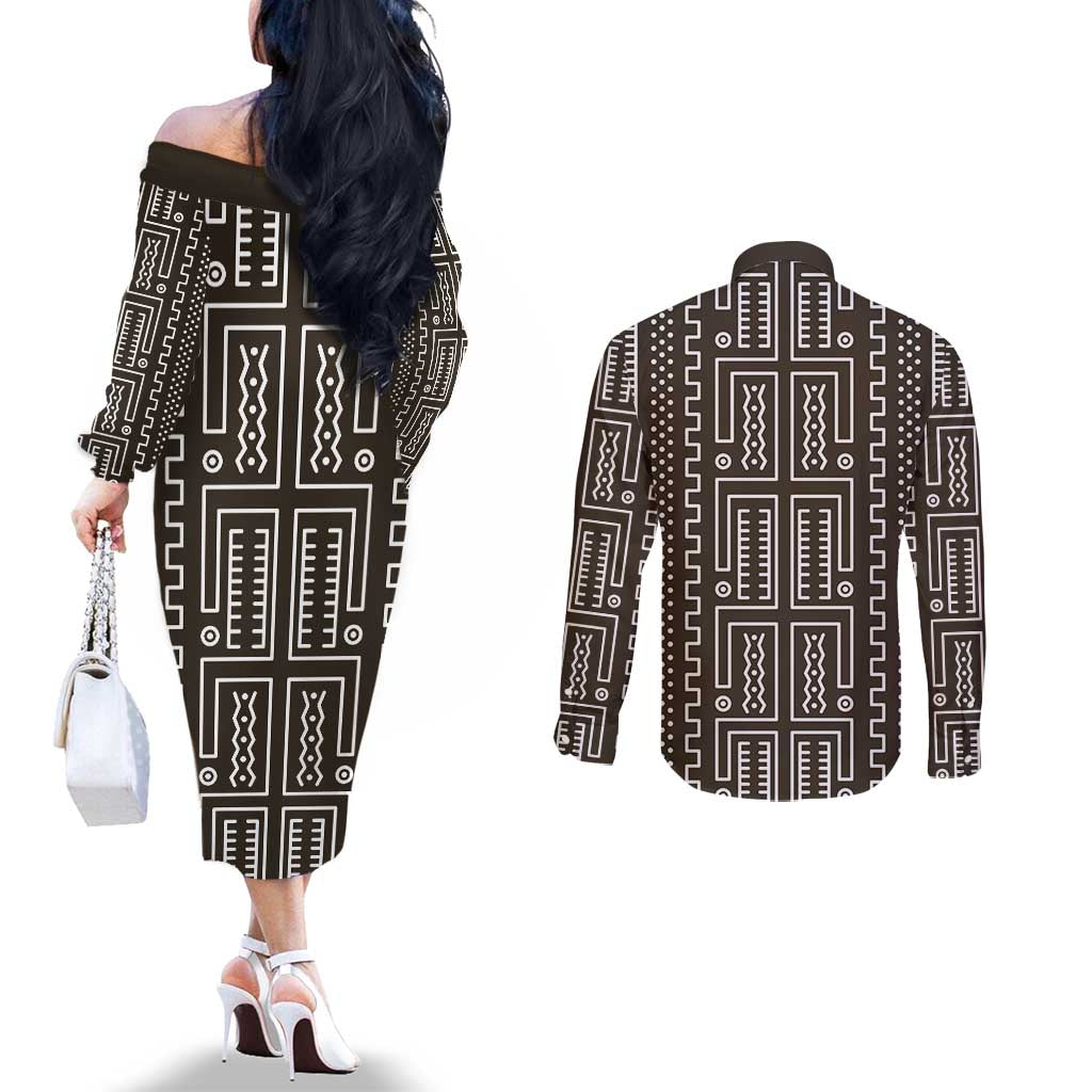 Mali Mud Cloth Couples Matching Off The Shoulder Long Sleeve Dress and Long Sleeve Button Shirt Bogolanfini Pattern - Wonder Print Shop