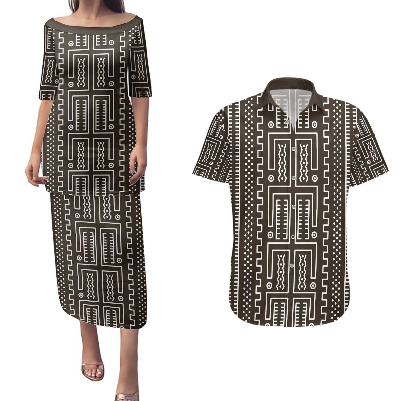 Mali Mud Cloth Couples Matching Puletasi and Hawaiian Shirt Bogolanfini Pattern - Wonder Print Shop