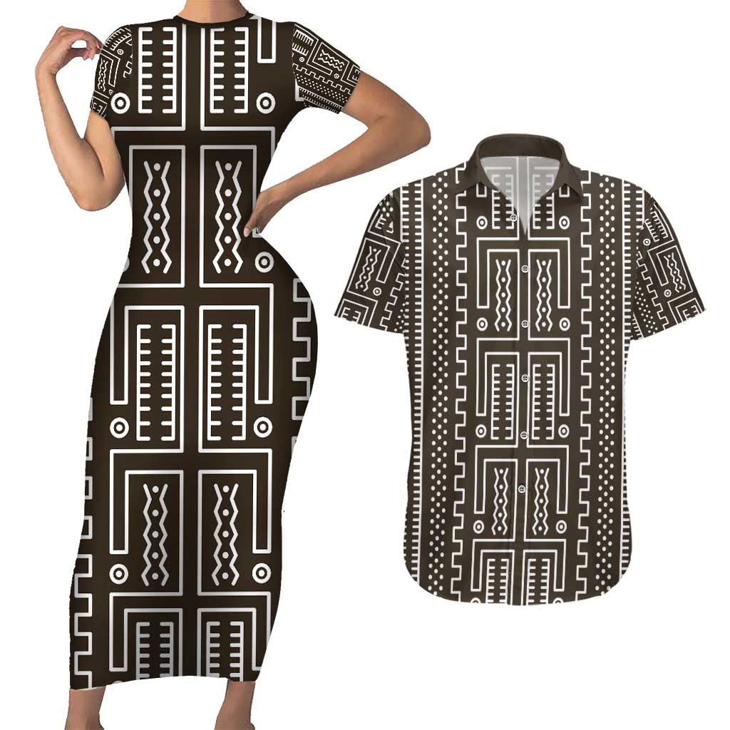 Mali Mud Cloth Couples Matching Short Sleeve Bodycon Dress and Hawaiian Shirt Bogolanfini Pattern - Wonder Print Shop
