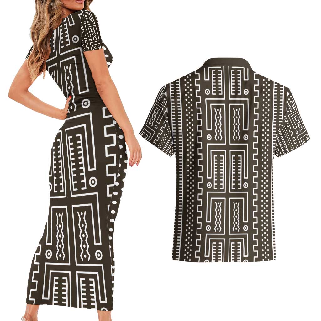 Mali Mud Cloth Couples Matching Short Sleeve Bodycon Dress and Hawaiian Shirt Bogolanfini Pattern - Wonder Print Shop